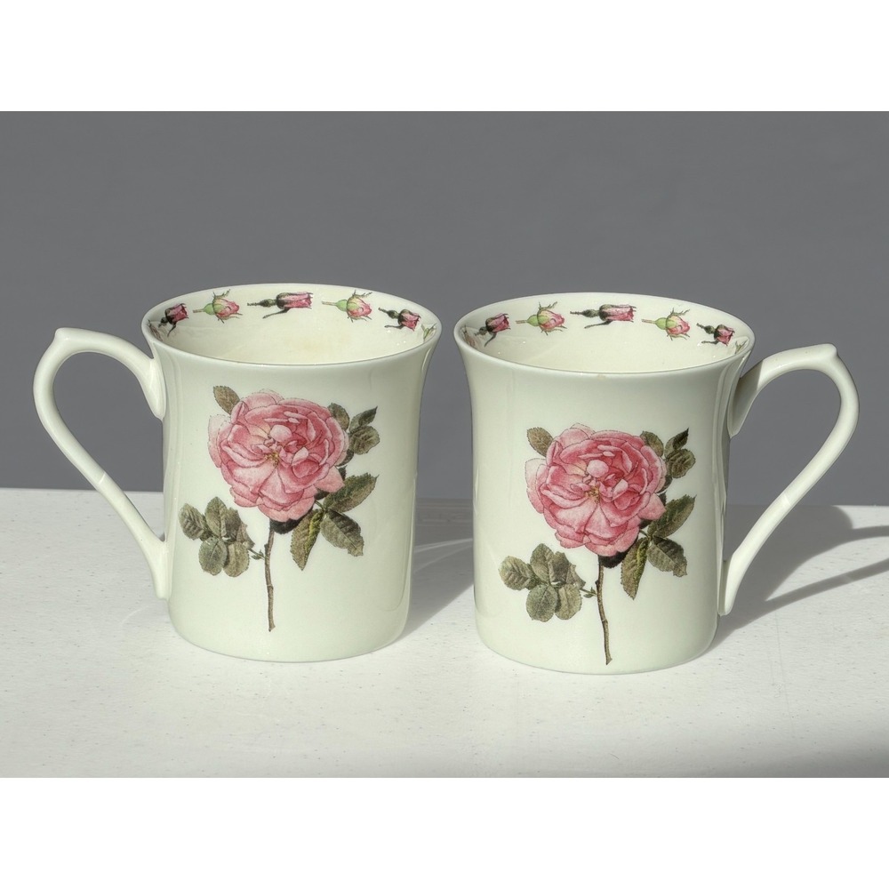 Vintage Parson's Roses By Queen's India Pink Flowers White Coffee Cup Mug Set 2